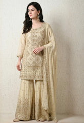 Beige Premium Silk Pearl, Bead, and Sequin Embroidered Sharara Suit- Set of 3