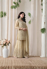 Beige Premium Silk Pearl, Bead, and Sequin Embroidered Sharara Suit- Set of 3