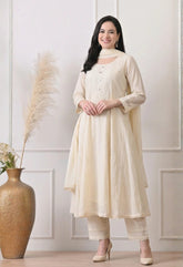Cream Cotton Anarkali Suit With Crochet Lace Detailing- Set of 3