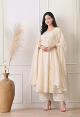 Cream Cotton Anarkali Suit With Crochet Lace Detailing- Set of 3