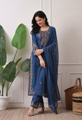 Cotton Blue Embroidered Kurta Set- Set of 3