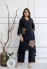 Black Cotton Cross Stitch Embroidery Kurta with Pants -Set of 2