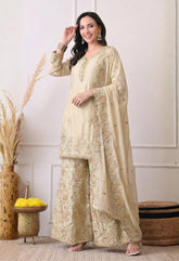 Beige Premium Silk Embroidered Sharara Suit- Set of 3