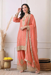 Peach Orange Premium Silk Zari Embroidered Sharara Suit- Set of 3