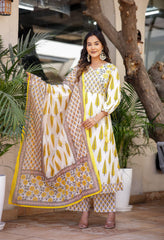 Cream Block Print A-Line Cotton Angrakha Suit - Set of 3