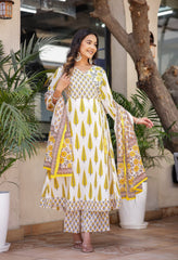 Cream Block Print A-Line Cotton Angrakha Suit - Set of 3