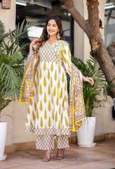 Cream Block Print A-Line Cotton Angrakha Suit - Set of 3