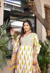 Cream Block Print A-Line Cotton Angrakha Suit - Set of 3