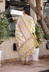 Cream Block Print A-Line Cotton Angrakha Suit - Set of 3