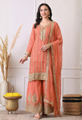 Peach Orange Premium Silk Zari Embroidered Sharara Suit- Set of 3