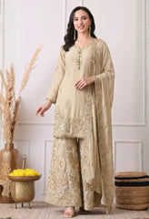 Beige Premium Silk Embroidered Sharara Suit- Set of 3