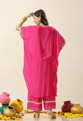 Fuchsia Pink Gota Patti Muslin Kaftan with Pants - Set of 2