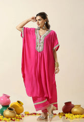 Fuchsia Pink Gota Patti Muslin Kaftan with Pants - Set of 2