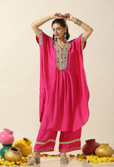 Fuchsia Pink Gota Patti Muslin Kaftan with Pants - Set of 2