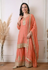 Peach Orange Premium Silk Zari Embroidered Sharara Suit- Set of 3