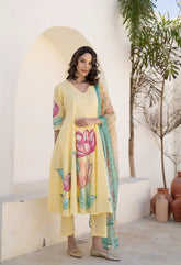 Lemon Yellow Pure Mul Cotton Brush Paint Suit-Set of 3