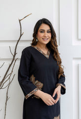 Black Cotton Cross Stitch Embroidery Kurta with Pants -Set of 2