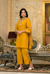 Mustard Cotton Set with Neat Embroidery Detailing- Set of 3