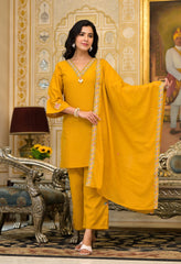 Mustard Cotton Set with Neat Embroidery Detailing- Set of 3