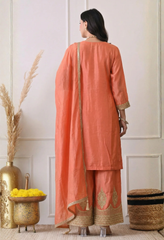 Peach Orange Premium Silk Zari Embroidered Sharara Suit- Set of 3