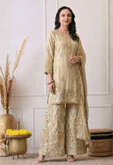 Beige Premium Silk Embroidered Sharara Suit- Set of 3