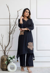 Black Cotton Cross Stitch Embroidery Kurta with Pants -Set of 2