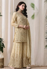 Beige Premium Silk Pearl, Bead, and Sequin Embroidered Sharara Suit- Set of 3
