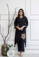 Black Cotton Cross Stitch Embroidery Kurta with Pants -Set of 2