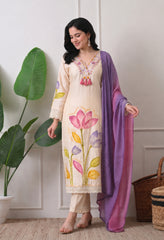 Premium Cotton Beige Hand Painted Embroidered A-Line Kurta Set- Set of 3
