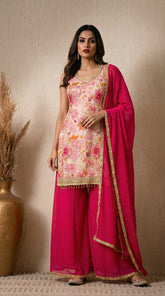 Cream And Pink Position Print Embroidered Sharara Suit- Set of 3 (Sleeves Fabric Included)