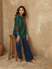 Bottle Green Silk Sequin Embroidered shirt