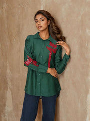 Bottle Green Silk Sequin Embroidered shirt