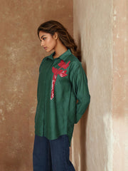 Bottle Green Silk Sequin Embroidered shirt