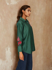 Bottle Green Silk Sequin Embroidered shirt