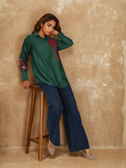 Bottle Green Silk Sequin Embroidered shirt