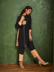 Black Pure Chanderi Cotton Zari Embroidered Indo-Western Set- Set of 2