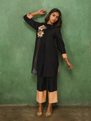 Black Pure Chanderi Cotton Zari Embroidered Indo-Western Set- Set of 2