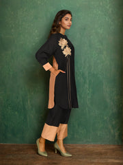 Black Pure Chanderi Cotton Zari Embroidered Indo-Western Set- Set of 2