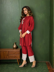 Maroon Pure Chanderi Cotton Zari Embroidered Indo-Western Set- Set of 2