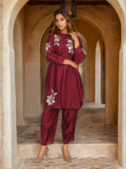 Maroon Cotton Silk Zari Embroidered Indo-Western Set- Set of 2