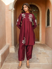 Maroon Cotton Silk Zari Embroidered Indo-Western Set- Set of 2