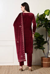 Maroon Velvet Suit with Embroidered Neck and Shawl - Set of 3