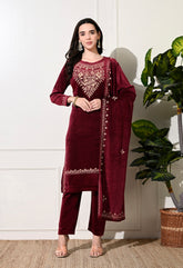 Maroon Velvet Suit with Embroidered Neck and Shawl - Set of 3