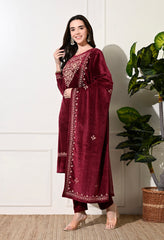 Maroon Velvet Suit with Embroidered Neck and Shawl - Set of 3