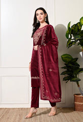 Maroon Velvet Suit with Embroidered Neck and Shawl - Set of 3