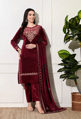 Maroon Velvet Suit with Embroidered Neck and Shawl - Set of 3