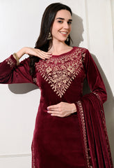Maroon Velvet Suit with Embroidered Neck and Shawl - Set of 3