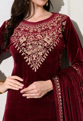 Maroon Velvet Suit with Embroidered Neck and Shawl - Set of 3