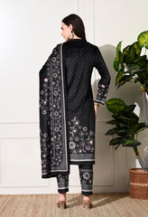 Black Digital Print Velvet Suit With Shawl - Set of 3