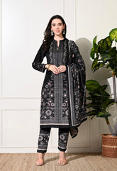 Black Digital Print Velvet Suit With Shawl - Set of 3
